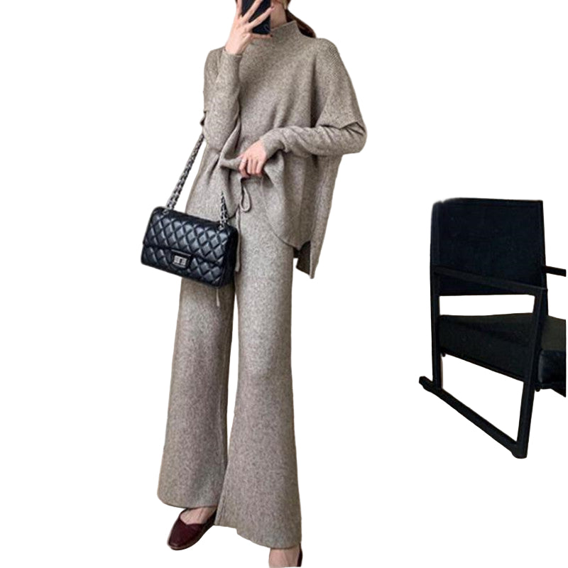 Knitted Wide-Leg Trousers & Half-High Collar Sweater Top with Vest – Stylish Three-Piece Set